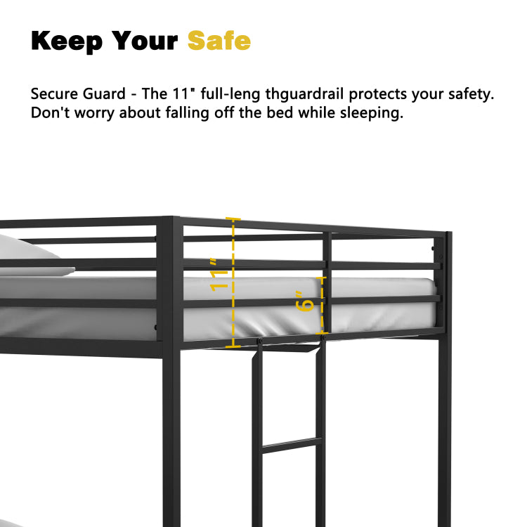 Adam Sturdy Full Over Full Bunk Bed Metal Black For Kids And Adult, Low Profile Full Over Full Bunk Bed With Ladder And Guardrails, Easy Climbing, Beds For Bedroom