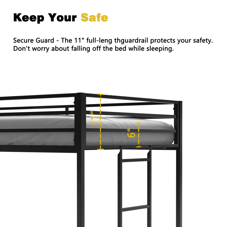 Adam Sturdy Junior Twin Loft Bed Black For Kids, Space Saving, Loft Bed With Easy Climbing Ladder And Guardrails, Loft Bed Frame For Bedroom
