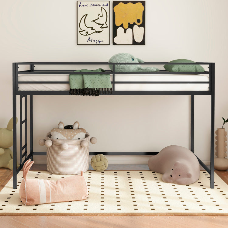 Adam Sturdy Junior Twin Loft Bed Black For Kids, Space Saving, Loft Bed With Easy Climbing Ladder And Guardrails, Loft Bed Frame For Bedroom