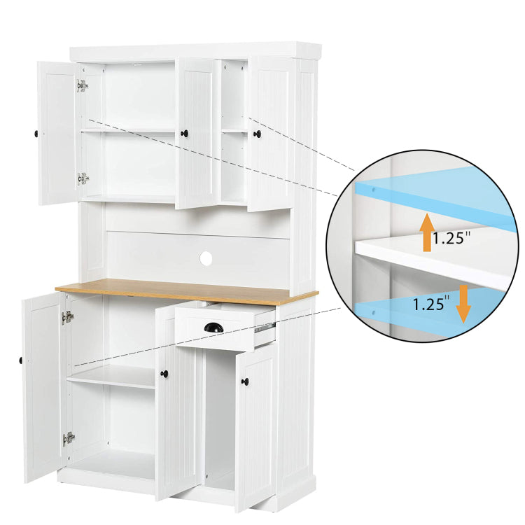 71" Kitchen Pantry Storage Cabinet With Microwave Oven Countertop, Freestanding Hutch Cabinet With Adjustable Shelves, 6 Doors And 1 Drawer White