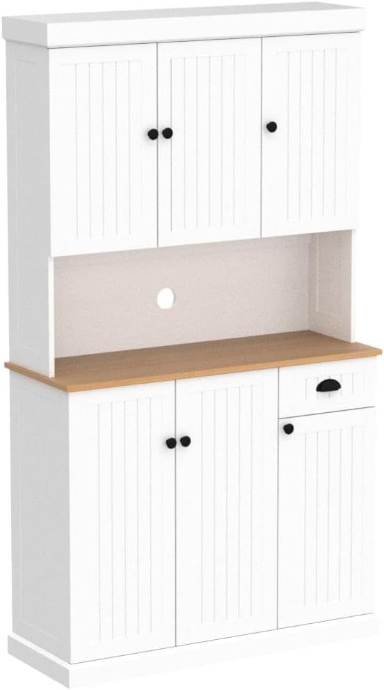 71" Kitchen Pantry Storage Cabinet With Microwave Oven Countertop, Freestanding Hutch Cabinet With Adjustable Shelves, 6 Doors And 1 Drawer White