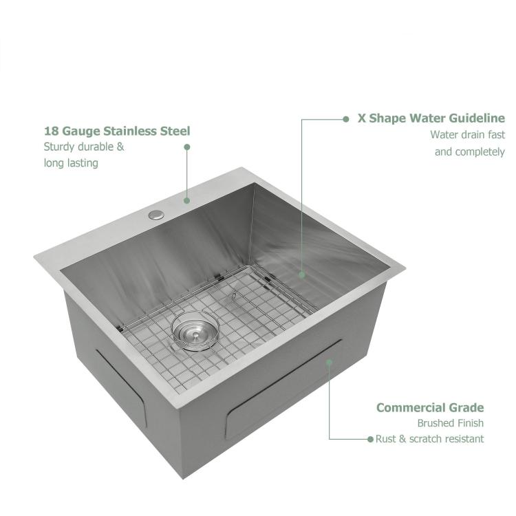 25"X22"X12" Stainless Steel Laundry Utility Sink Drop In Topmount 16 Gauge Deep Single Bowl Kitchen Sink Basin