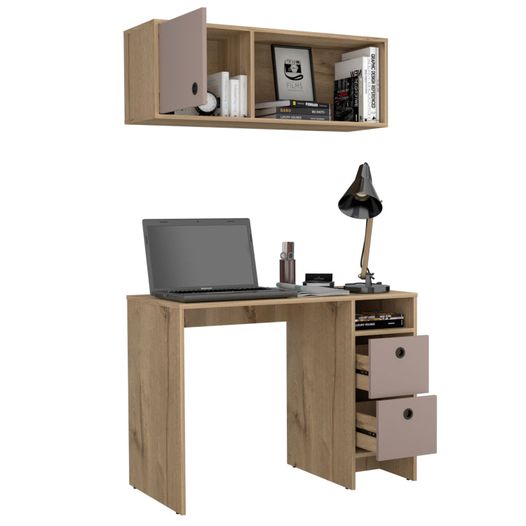 Khali Office Set, Two Shelves, Two Drawers, Wall Cabinet, Single Door Cabinet, Light Oak Taupe