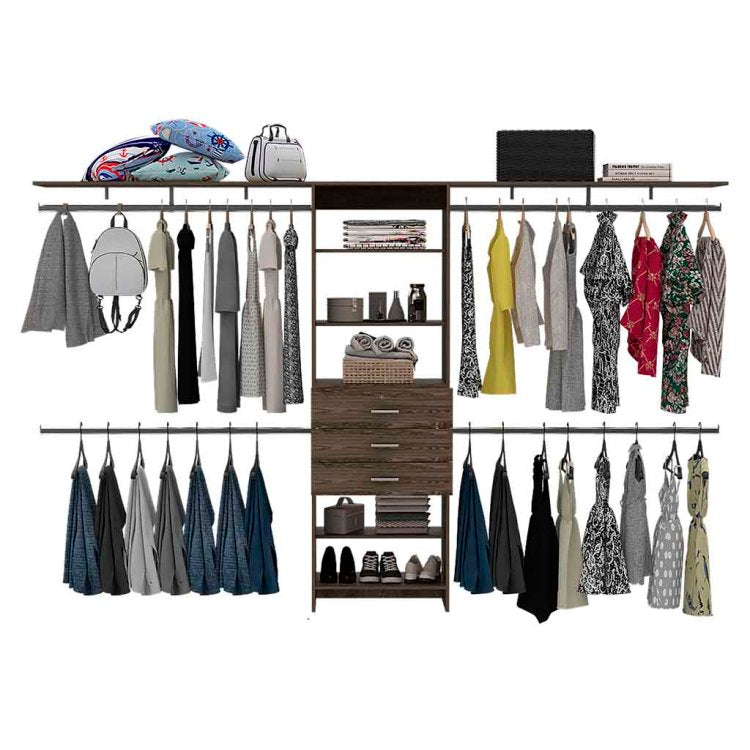 Plego 69"W 118"W Drawers Closet System, Five Shelves, Four Hanging Rods, Three Drawers Dark Walnut
