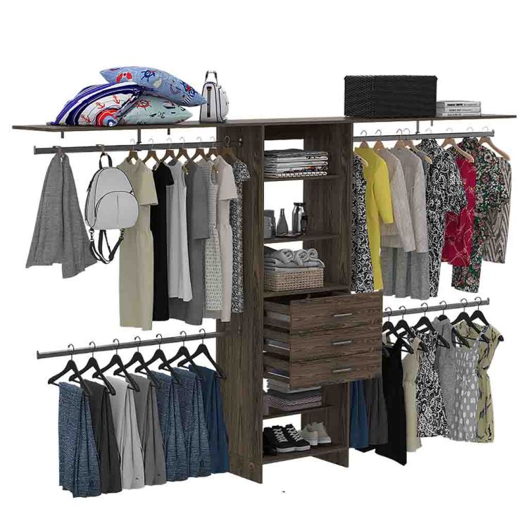 Plego 69"W 118"W Drawers Closet System, Five Shelves, Four Hanging Rods, Three Drawers Dark Walnut