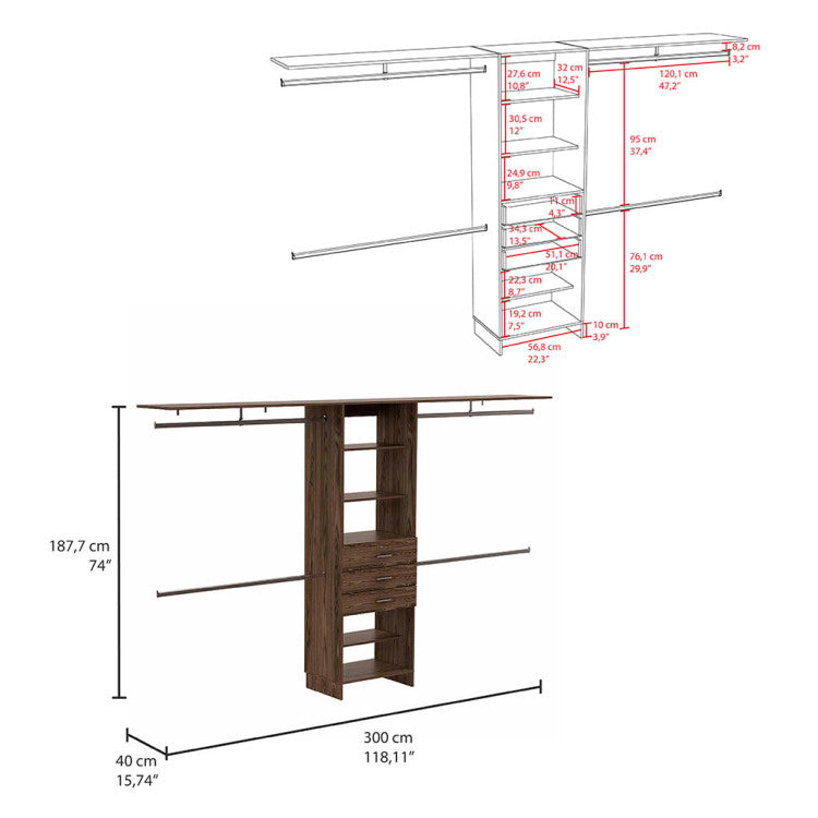Plego 69"W 118"W Drawers Closet System, Five Shelves, Four Hanging Rods, Three Drawers Dark Walnut
