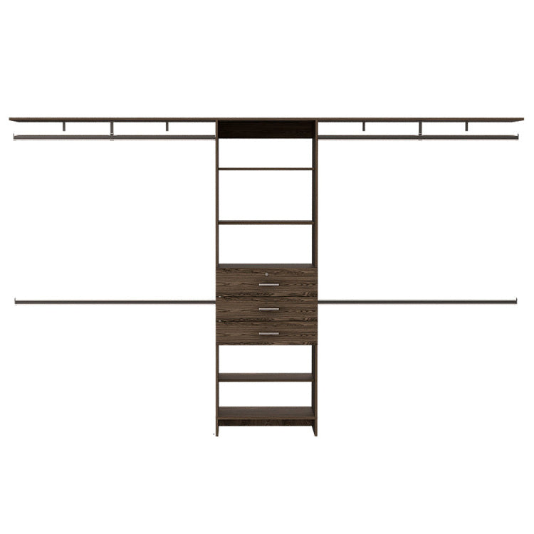 Plego 69"W 118"W Drawers Closet System, Five Shelves, Four Hanging Rods, Three Drawers Dark Walnut