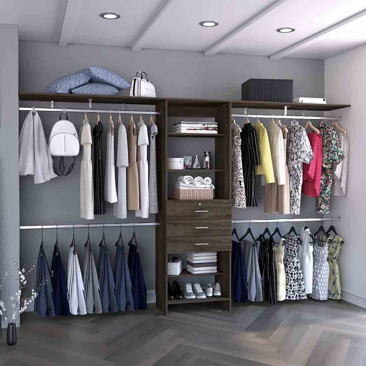 Plego 69"W 118"W Drawers Closet System, Five Shelves, Four Hanging Rods, Three Drawers Dark Walnut