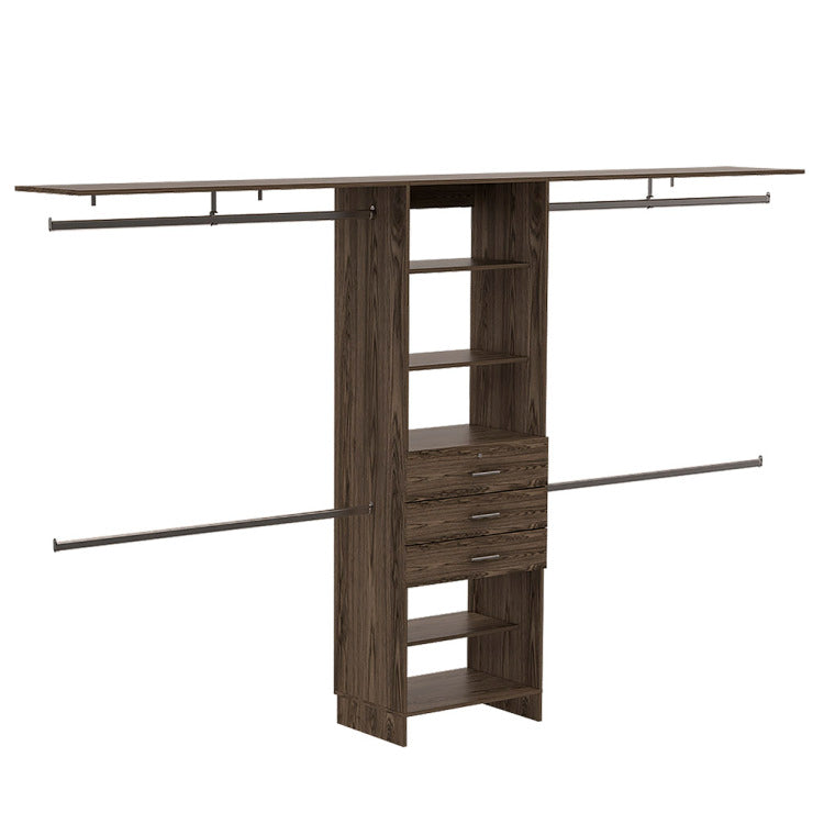 Plego 69"W 118"W Drawers Closet System, Five Shelves, Four Hanging Rods, Three Drawers Dark Walnut