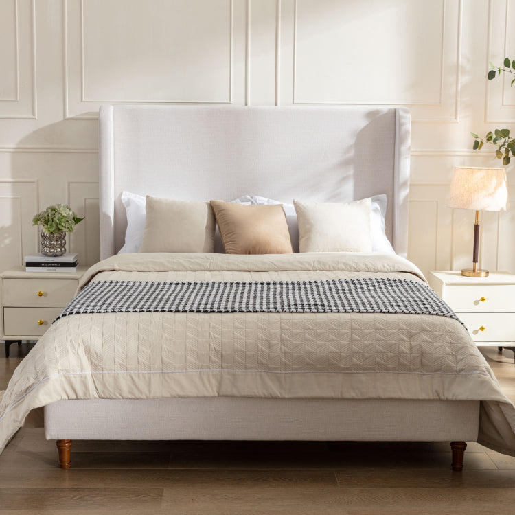 Hayden Upholstered Wingback Bed Size Queen Tall 54" Headboard Upholstered Queen Bed Without Wooden Slats Box Spring Request Queen Textured Ivory Canvas Elegant Simplicity Easy Assembly