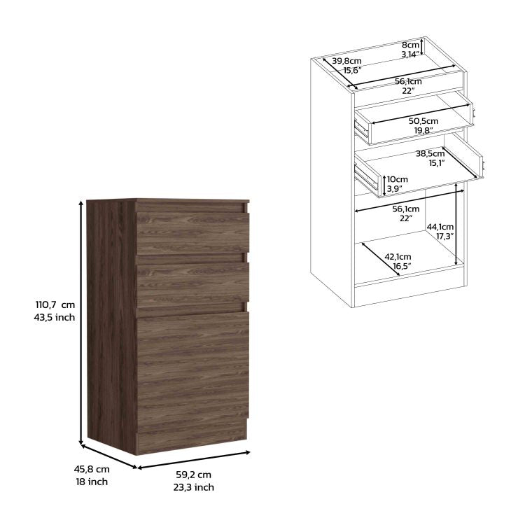 Dresser 43"H, Jewelry Box, Mirror, Single Door Cabinet, Two Drawers, Dark Walnut