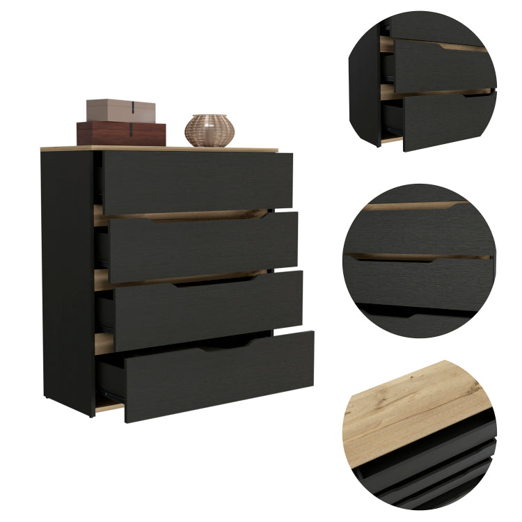 Drawer Dresser 35"H, Four Drawers, Superior Top, Black Light Oak