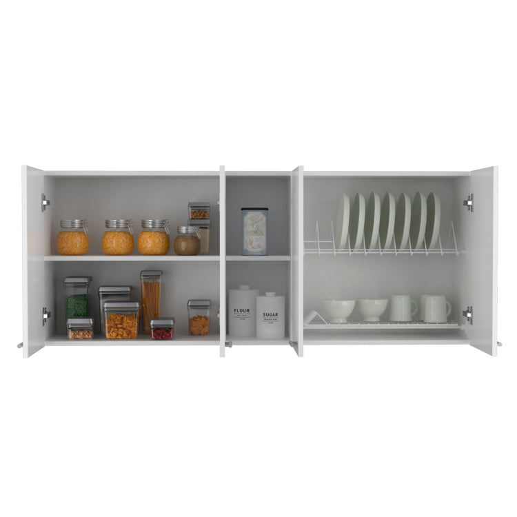 Wall Cabinet 24" H, Four Doors, Two Open Storage Shelves, Two Internal Shelves, Internal Dish And Glass Organizer, White