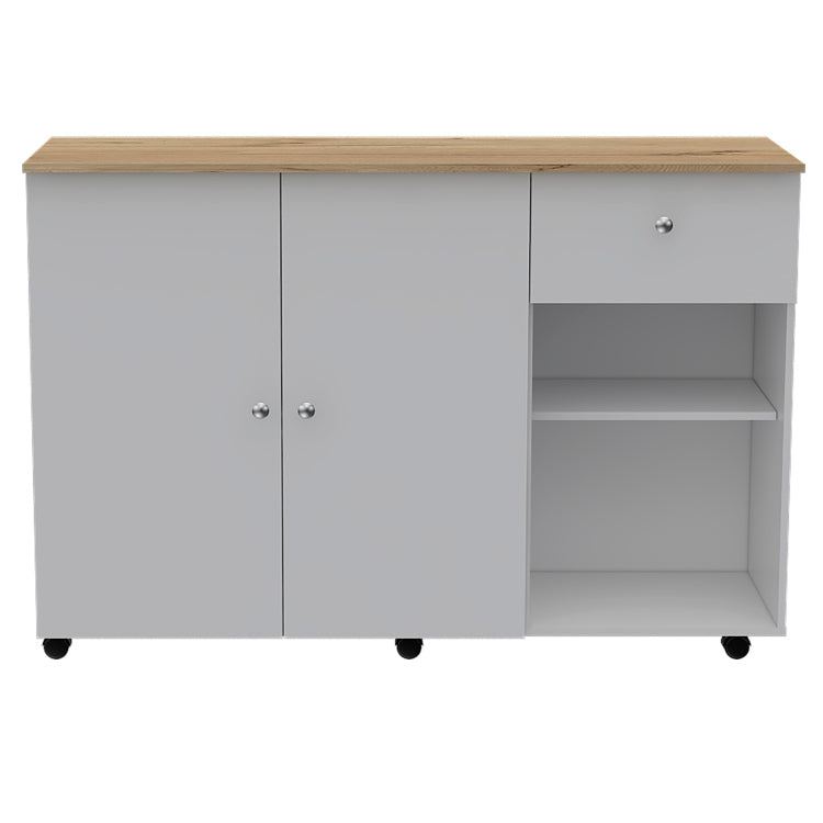 Kitchen Island Cart Victoria, Four Interior Shelves, Six Carters, One Drawer, Double Door Cabinet White Light Oak