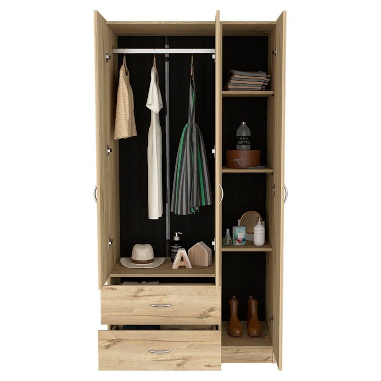 Austral 3 Door Armoire With Drawers, Shelves, And Hanging Rod Light Oak Black