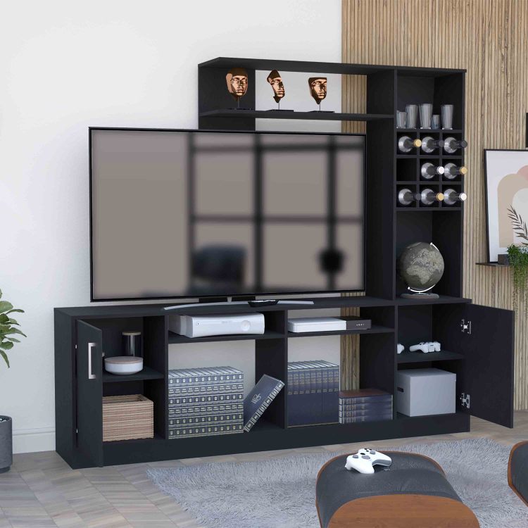 Kava Entertainment Center, Six External Shelves, Double Door Cabinet, Storage Spaces For Tv S Up 37" Black