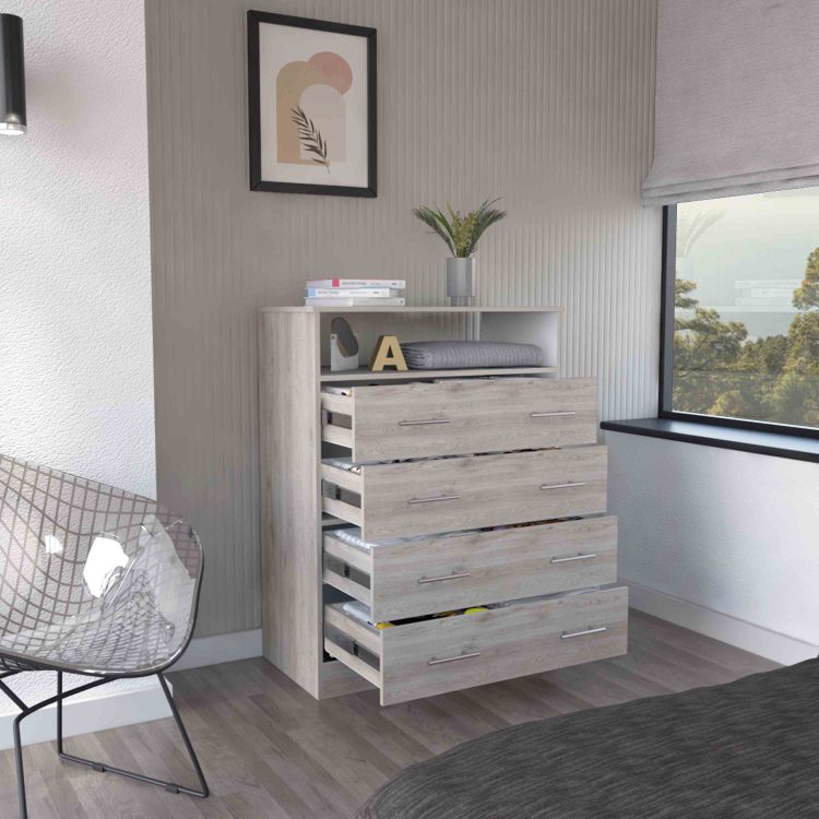 Peru L Four Drawer Dresser, Superior Top, One Open Shelf Light Gray White