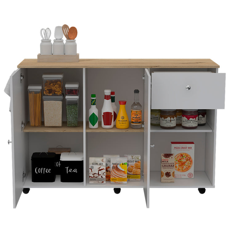 Kitchen Island Cart Victoria, Four Interior Shelves, Six Carters, One Drawer, Double Door Cabinet White Light Oak
