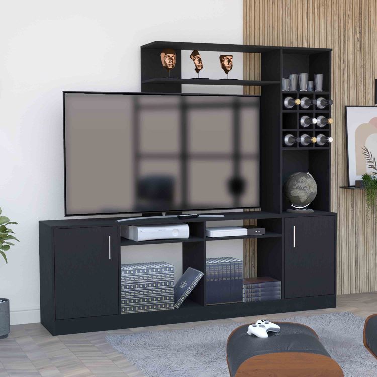 Kava Entertainment Center, Six External Shelves, Double Door Cabinet, Storage Spaces For Tv S Up 37" Black