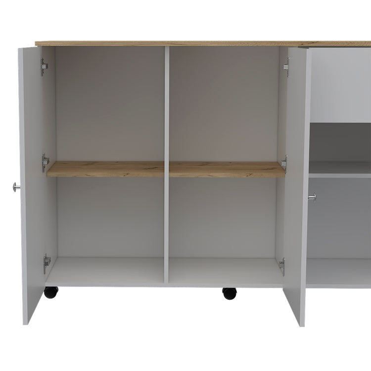 Kitchen Island Cart Victoria, Four Interior Shelves, Six Carters, One Drawer, Double Door Cabinet White Light Oak