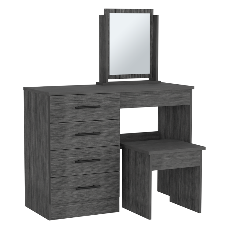 Kaia Makeup Vanity, Four Drawers, One Mirror, Stool Smokey Oak