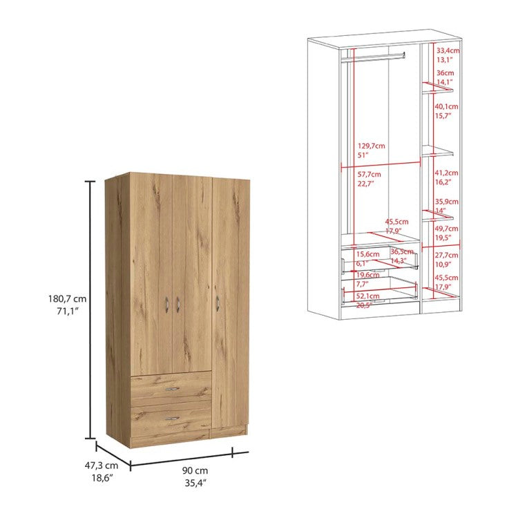 Austral 3 Door Armoire With Drawers, Shelves, And Hanging Rod Light Oak Black