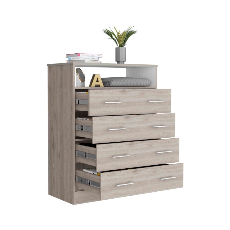 Peru L Four Drawer Dresser, Superior Top, One Open Shelf Light Gray White