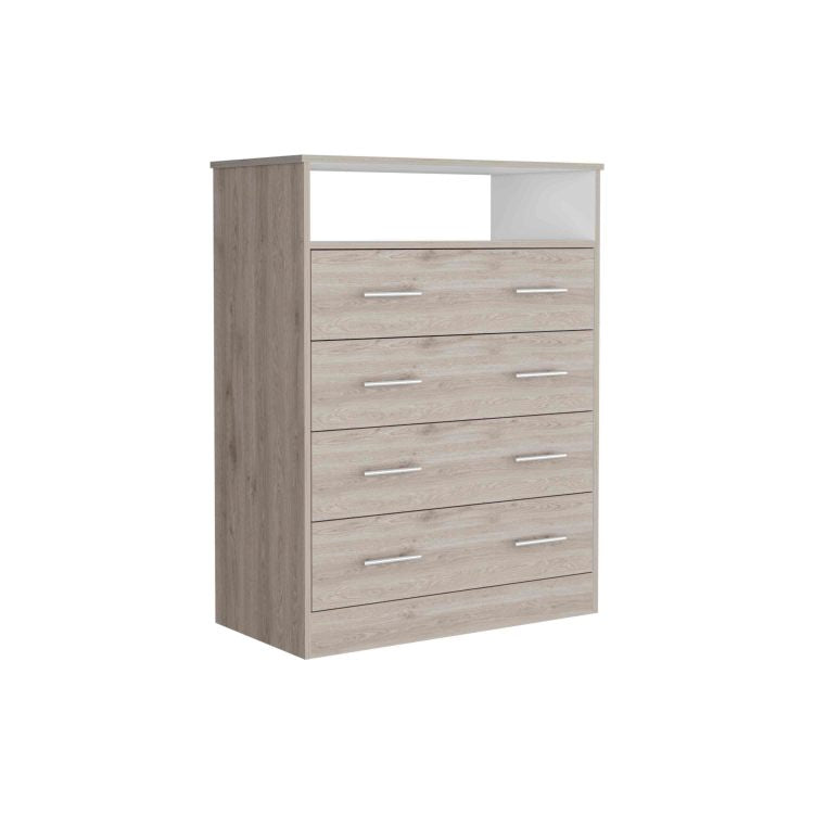 Peru L Four Drawer Dresser, Superior Top, One Open Shelf Light Gray White