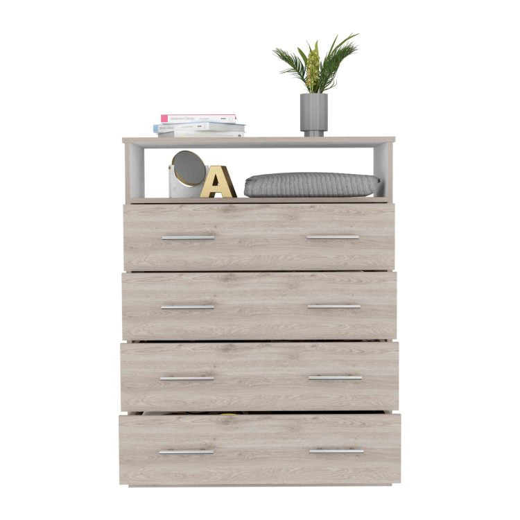 Peru L Four Drawer Dresser, Superior Top, One Open Shelf Light Gray White