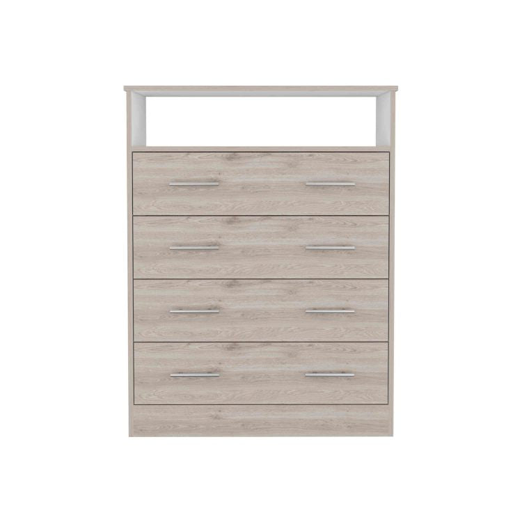 Peru L Four Drawer Dresser, Superior Top, One Open Shelf Light Gray White