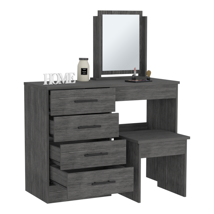 Kaia Makeup Vanity, Four Drawers, One Mirror, Stool Smokey Oak