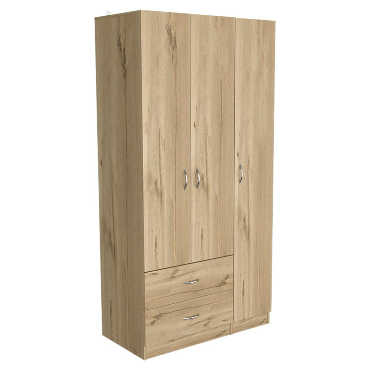 Austral 3 Door Armoire With Drawers, Shelves, And Hanging Rod Light Oak Black