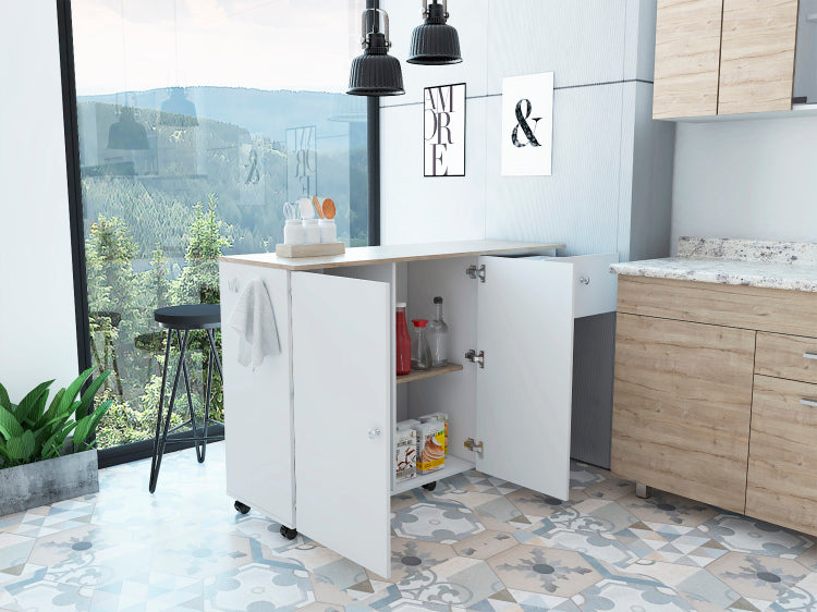 Kitchen Island Cart Victoria, Four Interior Shelves, Six Carters, One Drawer, Double Door Cabinet White Light Oak