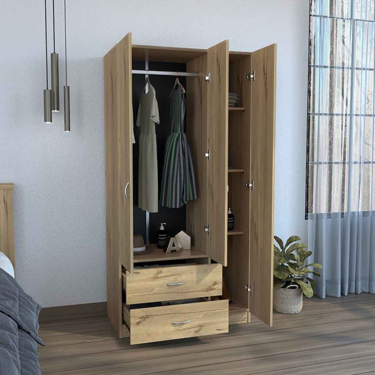 Austral 3 Door Armoire With Drawers, Shelves, And Hanging Rod Light Oak Black