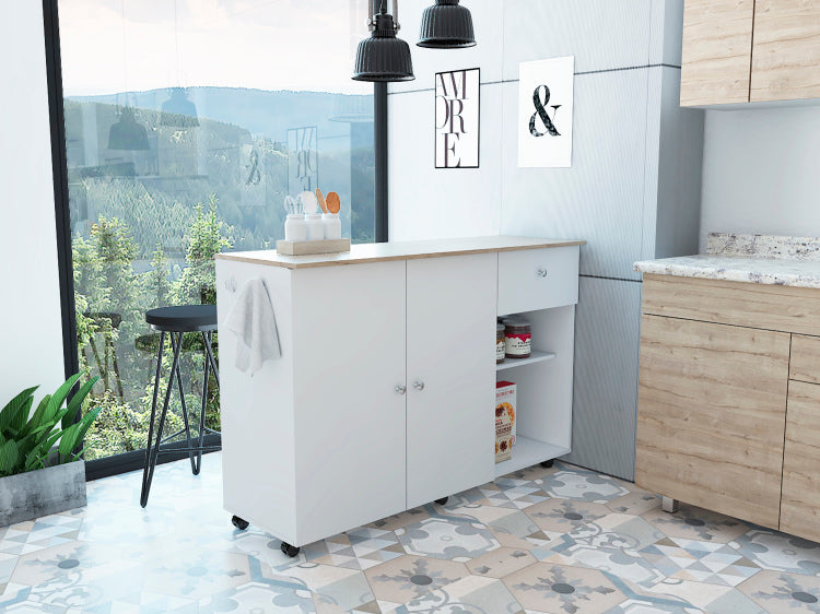 Kitchen Island Cart Victoria, Four Interior Shelves, Six Carters, One Drawer, Double Door Cabinet White Light Oak