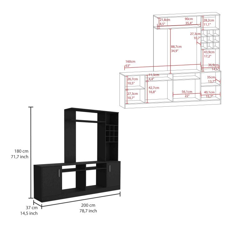 Kava Entertainment Center, Six External Shelves, Double Door Cabinet, Storage Spaces For Tv S Up 37" Black