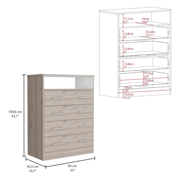 Peru L Four Drawer Dresser, Superior Top, One Open Shelf Light Gray White