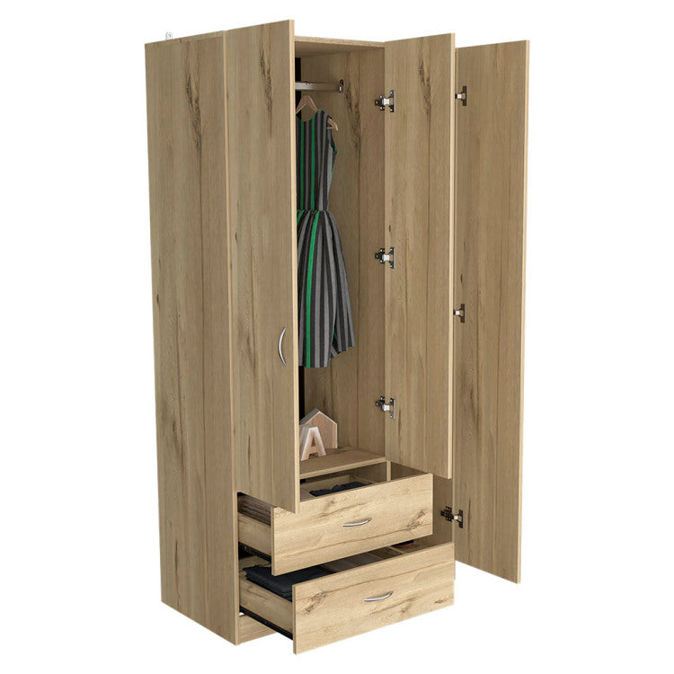 Austral 3 Door Armoire With Drawers, Shelves, And Hanging Rod Light Oak Black