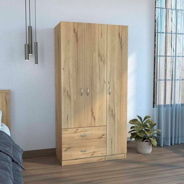Austral 3 Door Armoire With Drawers, Shelves, And Hanging Rod Light Oak Black