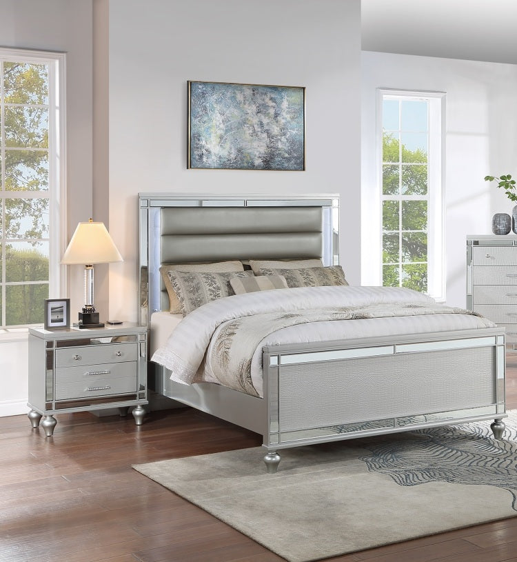 Classic Luxury Look Silver 1Pc Nightstand Wooden Bedside Table Drawers W Mirror Glass Panel Bedroom Furniture
