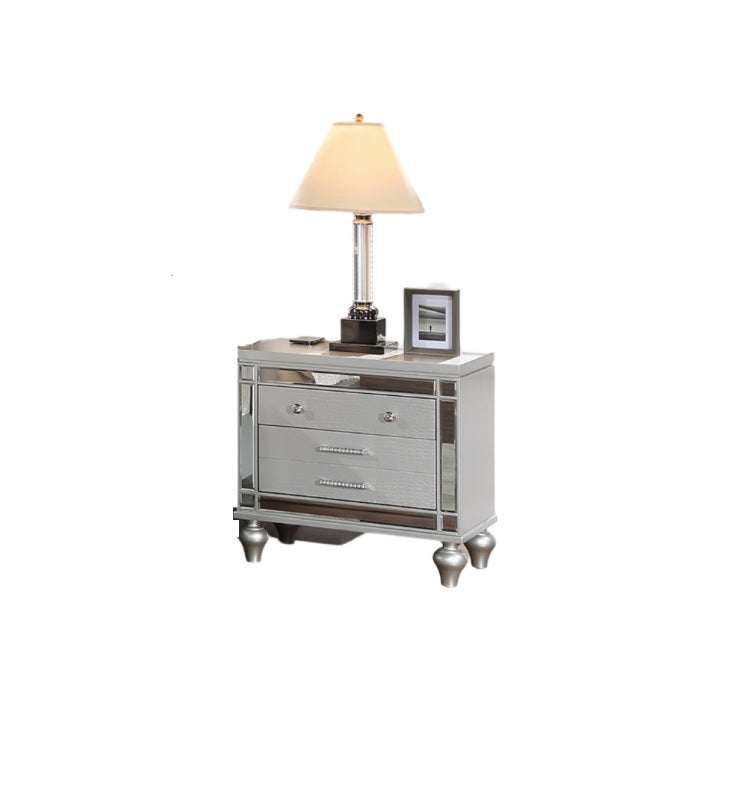 Classic Luxury Look Silver 1Pc Nightstand Wooden Bedside Table Drawers W Mirror Glass Panel Bedroom Furniture