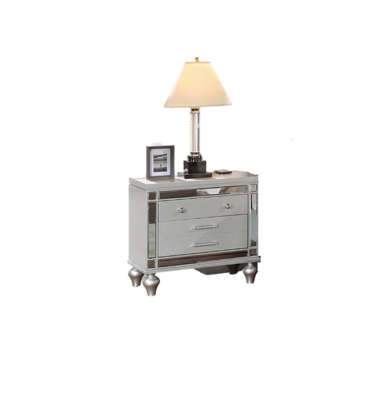 Classic Luxury Look Silver 1Pc Nightstand Wooden Bedside Table Drawers W Mirror Glass Panel Bedroom Furniture
