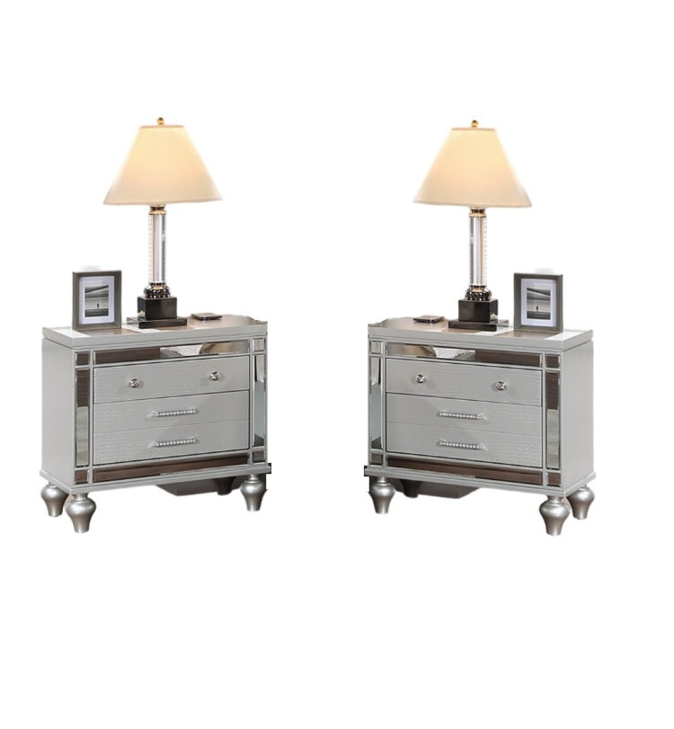 Classic Luxury Look Silver 1Pc Nightstand Wooden Bedside Table Drawers W Mirror Glass Panel Bedroom Furniture