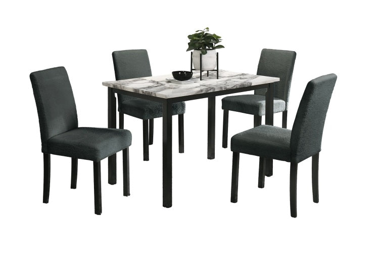 Charcoal Finish Wool Fabric Chairs Faux Marble Top Table 5Pc Dining Set Kitchen Dinette Cushions Upholstered 4X Chairs Dining Room