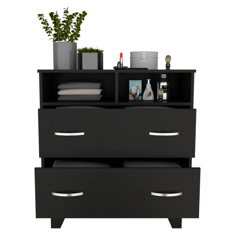 Portanova Two Drawer Dresser, Two Open Shelves, Superior Top, Four Legs Black