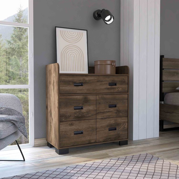 Alyn Dresser, Four Legs, Four Drawers, One Double Drawer, Superior Top Dark Brown