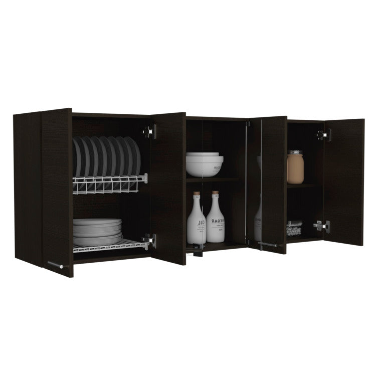 Wall Cabinet 24" H, Four Doors, With Two Internal Shelves And Internal Plate And Glass Organizer, Two Storage Shelves With Two Glass Doors, Black