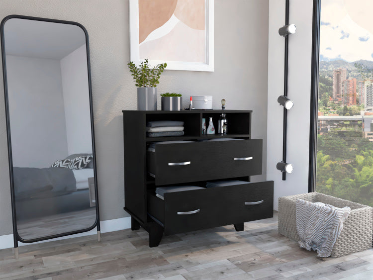 Portanova Two Drawer Dresser, Two Open Shelves, Superior Top, Four Legs Black