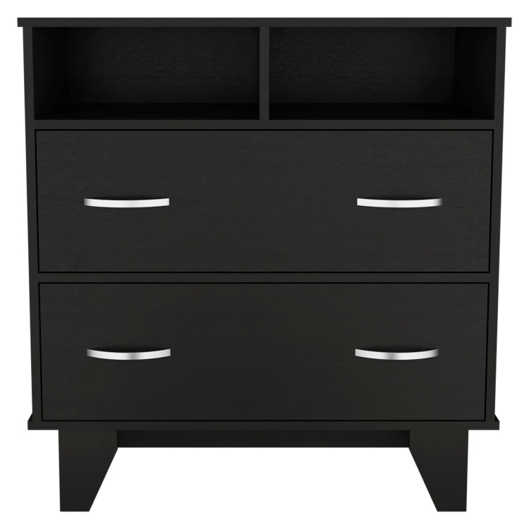Portanova Two Drawer Dresser, Two Open Shelves, Superior Top, Four Legs Black