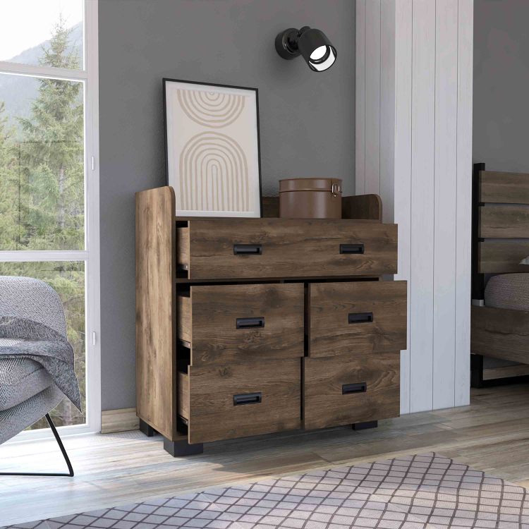 Alyn Dresser, Four Legs, Four Drawers, One Double Drawer, Superior Top Dark Brown